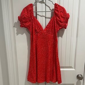 Elegant Red Floral Puff Sleeve Dress